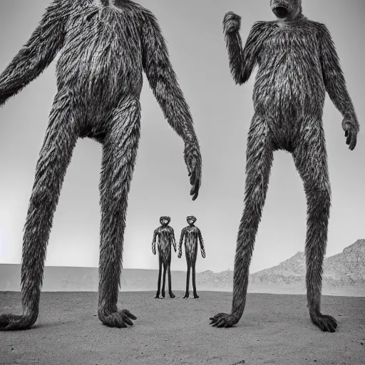 Image similar to Contamporary art fashion photography of ultra mega super hyper realistic detailed group of ultra mega super hyper realistic detailed monkey's in ultra mega super hyper realistic detailed suits, standing near very highly detailed stainless steel monolith situated in the desert. Photo shot on ultra mega super hyper Leica Q2 Camera