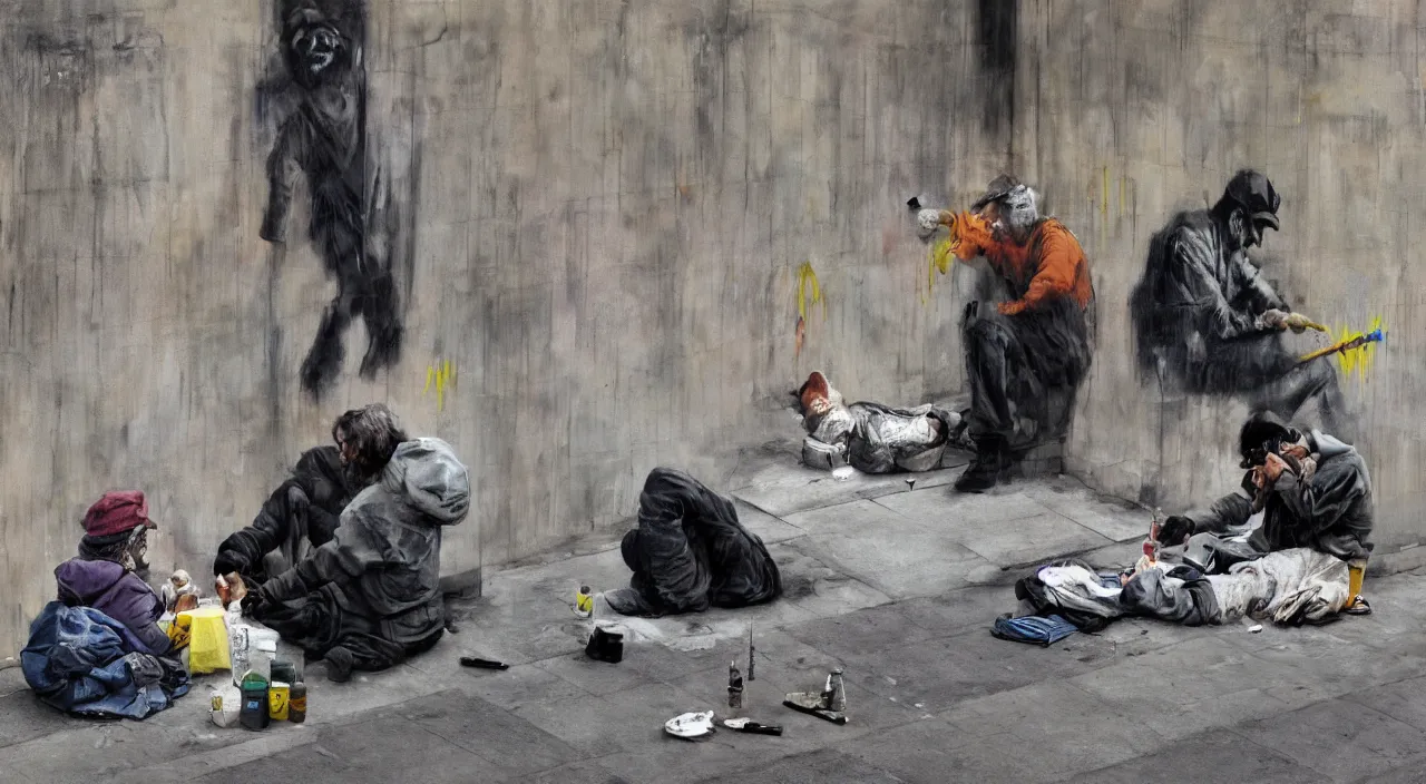 Prompt: Bansky graffiti art of an artist painting a self portrait of themselves painting next to a homeless man, ultra high resolution, photo realistic, depth of field, award winning, cinematic, color graded