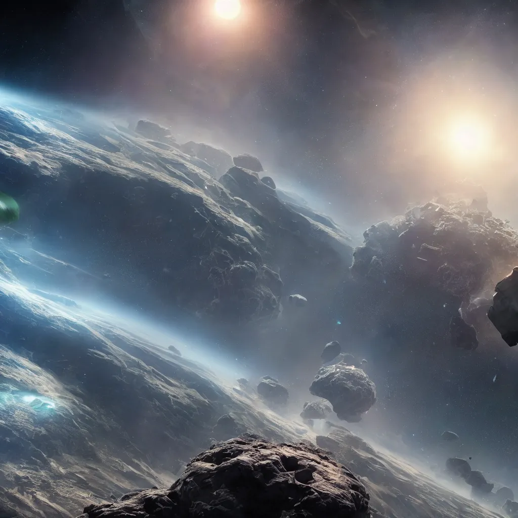 Image similar to the destruction of the earth by an asteroid as seen from a futuristic space station, trending on artstation, 4 k, ray tracing, stunning visuals, concept art, unreal engine, highly detailed, cinematic lighting, wide angle lens