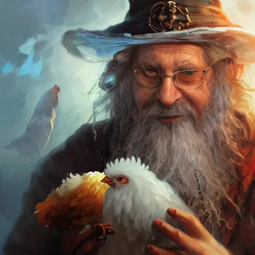 Prompt: a portrait of a wizard with his pet chicken by Johan Grenier and Tony Sart, confused facial expression, blue robe, long white beard, frizzy hair, ArtStation, realistic, detailed