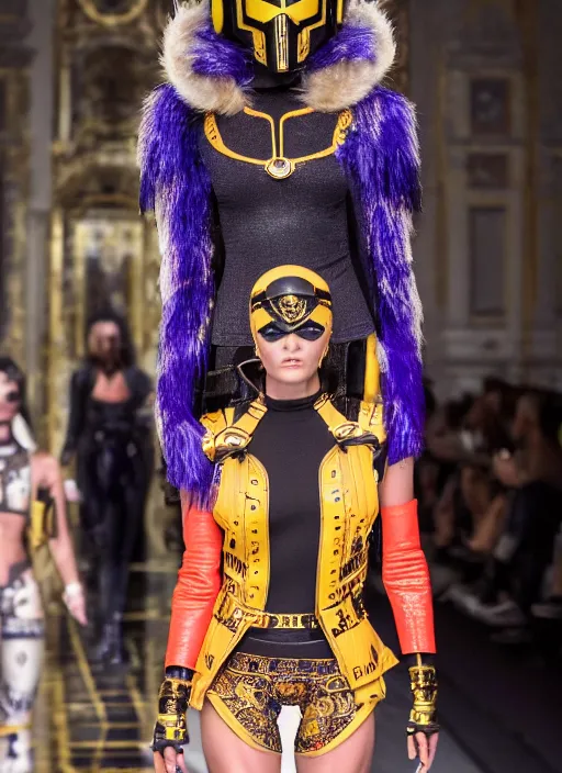 Image similar to hyperrealistic and heavy detailed versace runway show of judge dredd, leica sl 2 5 0 mm, vivid color, high quality, high textured, real life