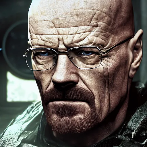 Image similar to Walter White in gears of war, splash art, movie still, detailed face, cinematic lighting, dramatic, octane render, long lens, shallow depth of field, bokeh, anamorphic lens flare, 8k, hyper detailed, 35mm film grain