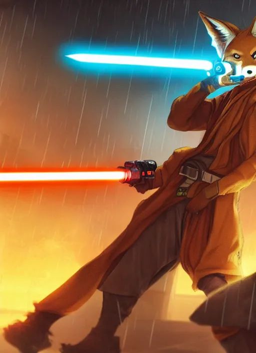 Image similar to character portrait of a anthro coyote fursona wearing jedi robes wielding an orange lightsaber in a cyberpunk city at night while it rains. hidari, color page, tankoban, 4K, tone mapping, Akihiko Yoshida.