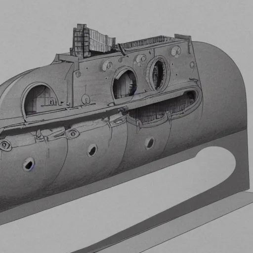 Image similar to cross section of a mechanical steam powered submarine made from sandstone