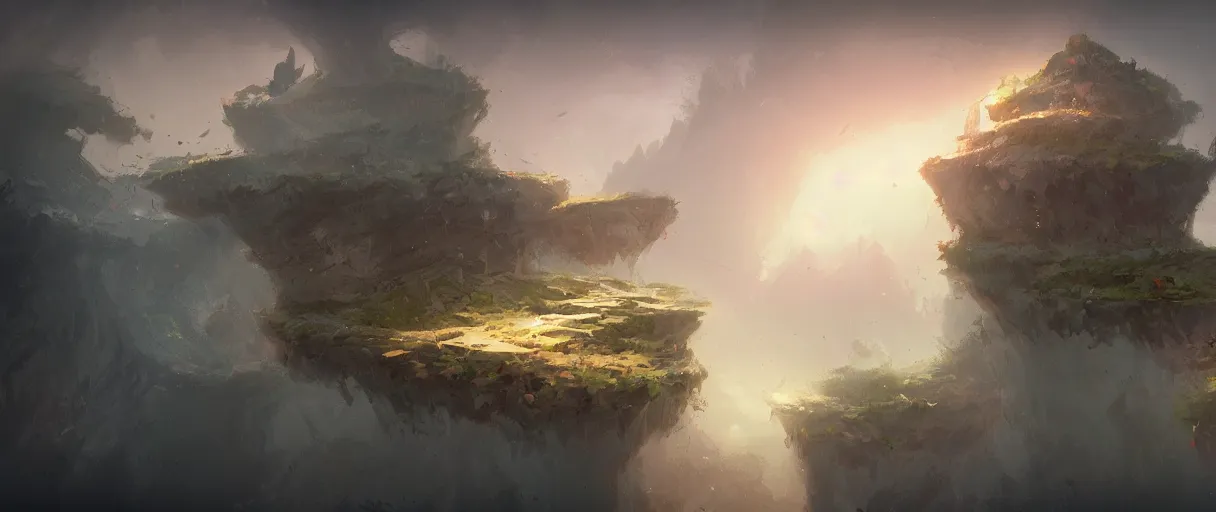 Image similar to floating islands in void concept art, low angle, cinematic, style of Jordan grimmer