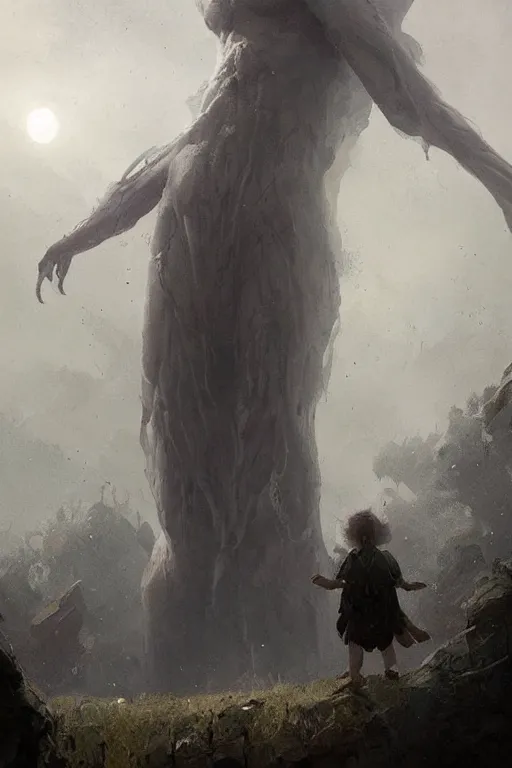 Image similar to a beautiful terrifying pale humanoid giant looms over a tiny human. ethereal fantasy art by greg rutkowski