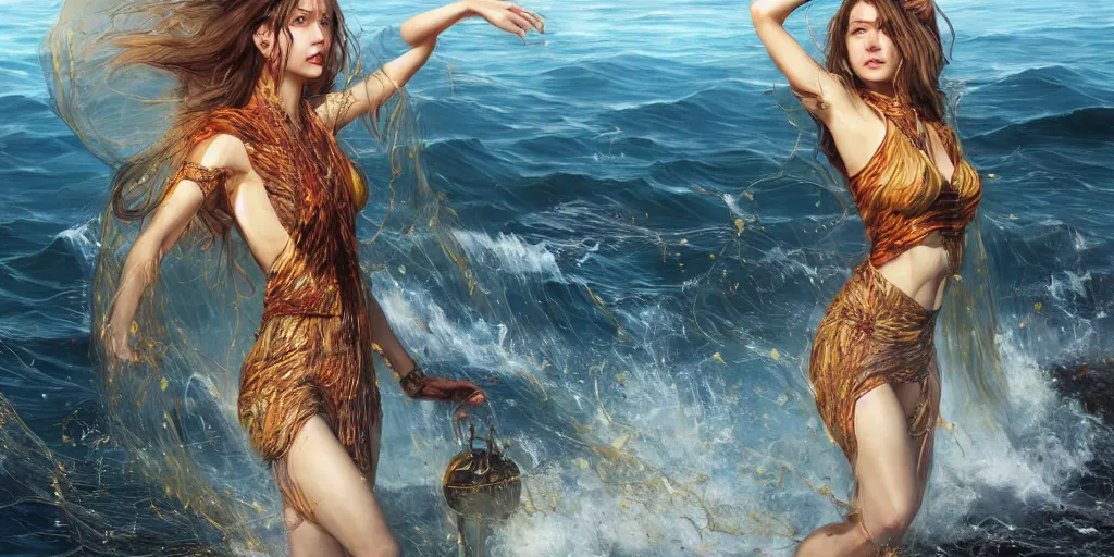 Image similar to ! dream photorealistic long shot of big sun rough sea and jagged rocks, nets, plastic bottles, garbage, sand and sea, golden hour, dark mystical goddess wearing a qipao, cheongsam, environmental, fantasy, atmospheric, hyper realistic, artstation, art by artgerm, andres rodriguez and john william waterhouse