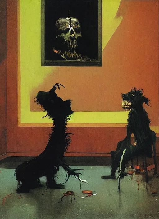 Image similar to two dark figures laughing and a black dog inside a decayed contemporary living room with large oxygen tank in the style of Francis Bacon and Zdzislaw Beksinski, Edward Hopper and Norman Rockwell, highly detailed, very coherent, triadic color scheme