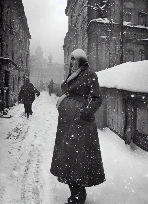 Image similar to full-length portrait of a pregnant woman on the street of besieged Leningrad, historically reliable photo chronicle, winter 1941, , ultra detailed, digital art, octane render, 4K, dystopian, micro details