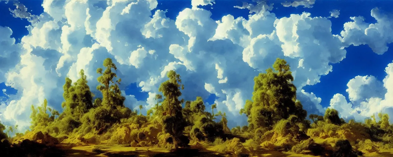 Image similar to disney illustrated background of blue sky huge clouds by eugene von guerard, ivan shishkin, john singer sargent