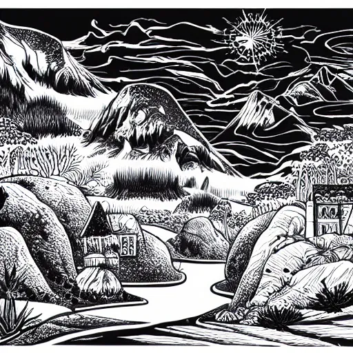 Image similar to impressive fantasy landscape, beautiful line art, pure b & w, etching illustration, square sticker vector art