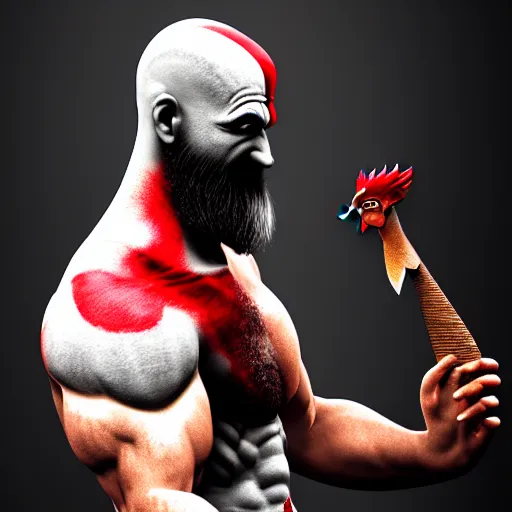 Prompt: photo of Kratos with a chicken head!!, volumetric lighting, high detail, 8k