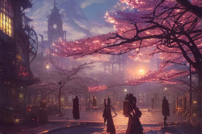 Image similar to steampunk city, cherry blossoms, unreal engine, fantasy art by greg rutkowski, loish, rhads, ferdinand knab, makoto shinkai and lois van baarle, ilya kuvshinov, rossdraws, tom bagshaw, global illumination, radiant light, detailed and intricate environment