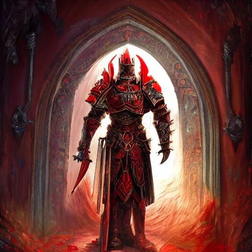 Image similar to blood paladin, fantasy art, located in a castle, legendary armor, red sunlight through the window, decorated, high quality, highly detailed,