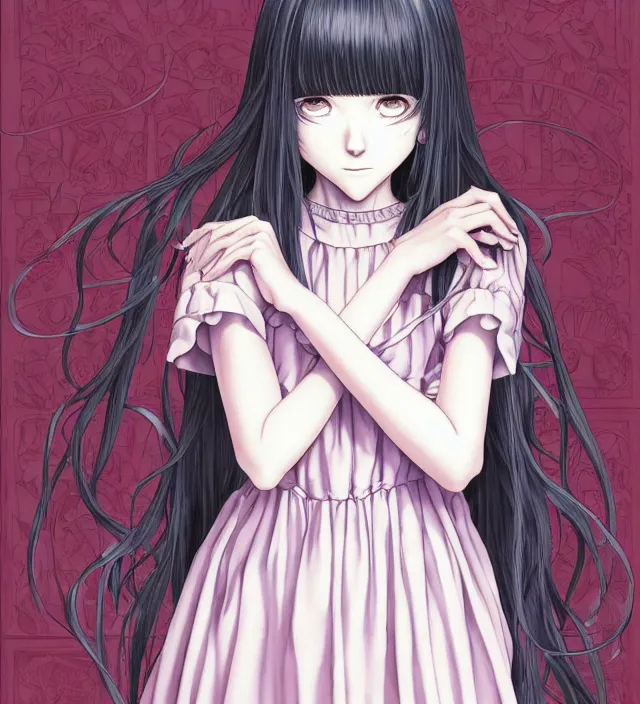 Image similar to portrait of a morbid 18 year old young woman wearing a dress of the soft aesthetic with wavy long hair, in a butcher shop, queen of sharp razorblades holds a single small sharp blade or a razor her hand and shows it to the user, in the style of Range Murata and by Katsuhiro Otomo and Yoshitaka Amano.