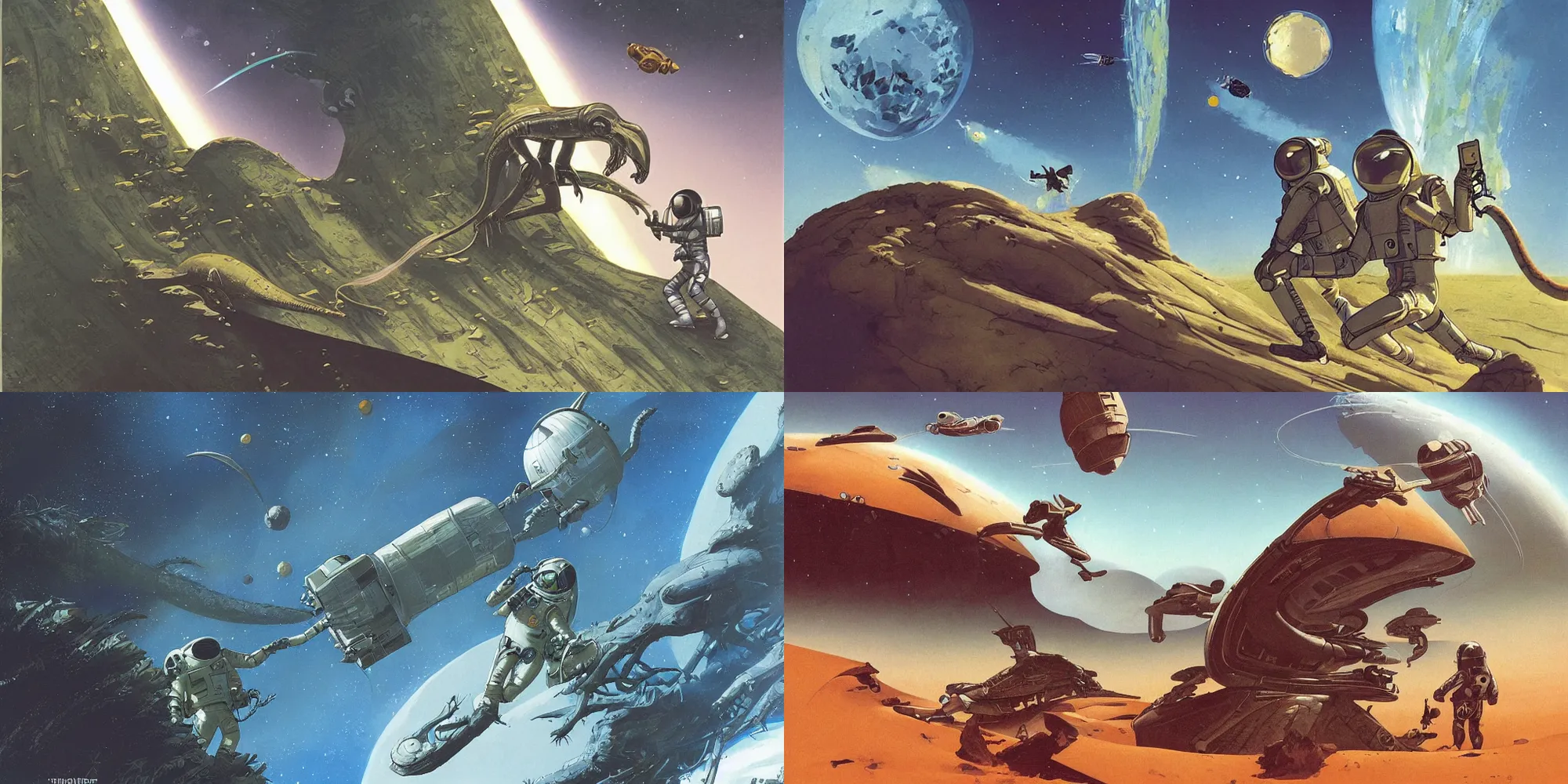 Prompt: a beautiful illustration of a an astronaut fighting a lizard near a crashed space ship on a tropical alien world by Ralph McQuarrie| sparth:.2 | Tim white:.4 | Rodney Mathews:.2 | Graphic Novel, Visual Novel, Colored Pencil, Comic Book:.2