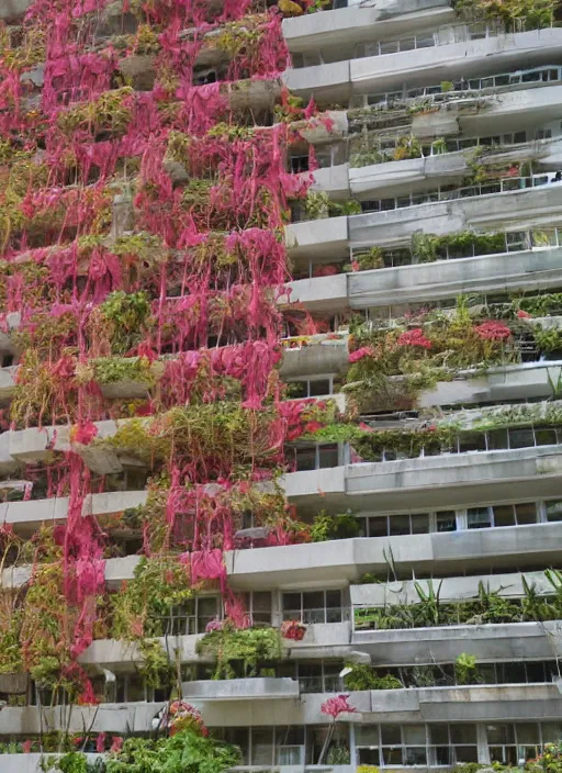 Image similar to brutalist buildings covered in colorful vines and flowers by Denys Lasdun William Morris and Mies van Der Rohe, artstation, masterpiece