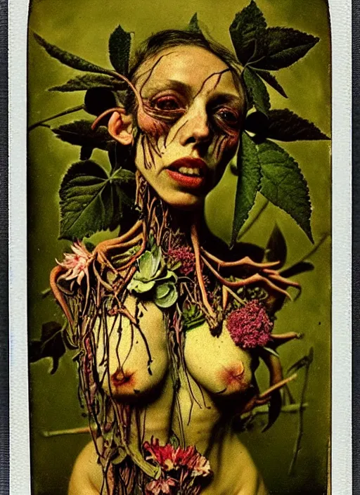 Prompt: beautiful and detailed rotten woman made of plants and many different types of flowers, muscles, intricate, organs, ornate, surreal, miguel angel, gustave courbet, caravaggio, romero ressendi, van gogh, 1 9 1 0 polaroid photo