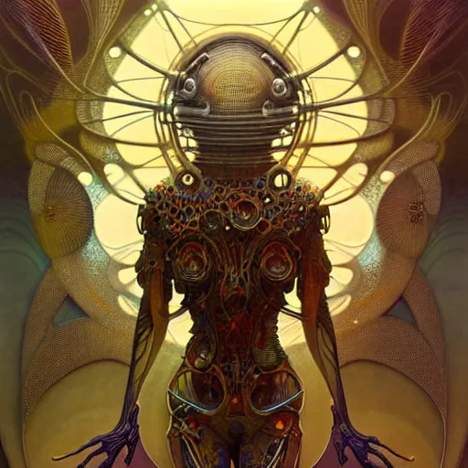 Image similar to extremely psychedelic beautiful brutalist cyborg organism infected by night. intricate, elegant, highly detailed, extremely lifelike photorealistic digital painting, artstation. steichen, gaston bussiere, tom bagshaw, brutalist cyberpunk alphonse mucha. elegant minimalism. anatomically correct. sharp focus. gold with white accents. surreal lush cosmic hallucination