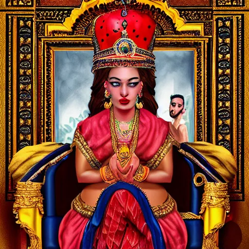 Image similar to the king of india sitting on a throne, detailed face with red lips, blue eyes and large forehead, moody atmosphere, digital art, highly detailed, high contrast, beautiful lighting, award winning, trending on art station, photorealistic, 8 k,