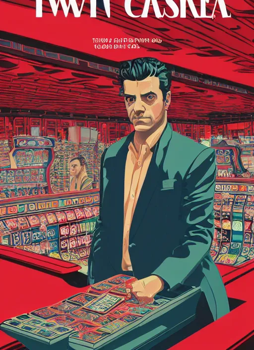 Image similar to Twin Peaks art, of Oscar Isaac in The Card Counter visiting the casino in Twin Peaks poster artwork by Tomer Hanuka, Sam Weber, Laurent Durieux, Katherine Lam from scene from Twin Peaks, from scene from Twin Peaks, clean, New Yorker magazine cover