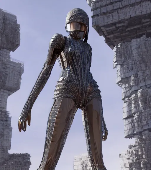 Image similar to tarkovsky greatest scene, the ancient destroyed majestic tower of babylon, a woman in futuristic cyber clothing, transparent puffer jacket, hyper realistic, blockchain, virtual world, ambient lighting, concept art, intricate, hyper - detailed, smooth, dynamic volumetric lighting, corona render, ray trace, cinematic, high quality, high resolution, 4 k, cgsociety