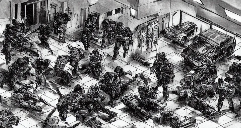 Prompt: 1996 Video Game Concept Art for Neo-tokyo Cyborg bank robbers vs police, Set inside of Parking Garage, Dark, Multiplayer set-piece Ambush, Tactical Squads :10, Police officers under heavy fire, Suppressive fire, Pinned down, Destructible Environments, Gunshots, Headshot, Bullet Holes and Anime Blood Splatter, :10 Gas Grenades, Riot Shields, MP5, AK45, MP7, P90, Chaos, Anime Machine Gun Fire, Gunplay, Shootout, :14 FLCL + Akira, Cel-Shaded:15, Created by Katsuhiro Otomo + Studio Gainax + Trending on Artstation: 20