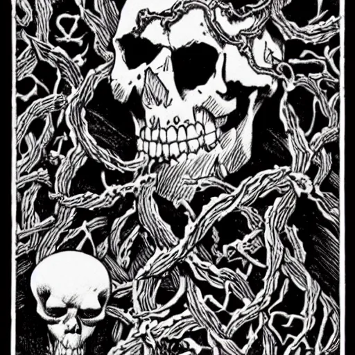 Image similar to A skull, with vines coming out of the eye sockets. Centered, Dark Fantasy, Film Noir, Black and White. High Contrast, Mike Mignola, D&D, OSR