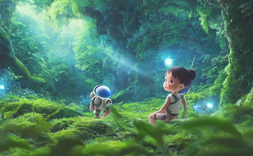 Image similar to a still of a cute adorable tiny astronaut, on a planet of lush foliage, with an enormous kaiju dragon surrounding, magical forest, sharp focus, neon backlit, highly detailed, disney pixar studio ghibli makoto shinkai, digital painting, matte, octane render, global illumination, iridescent, anime, 8 k concept art