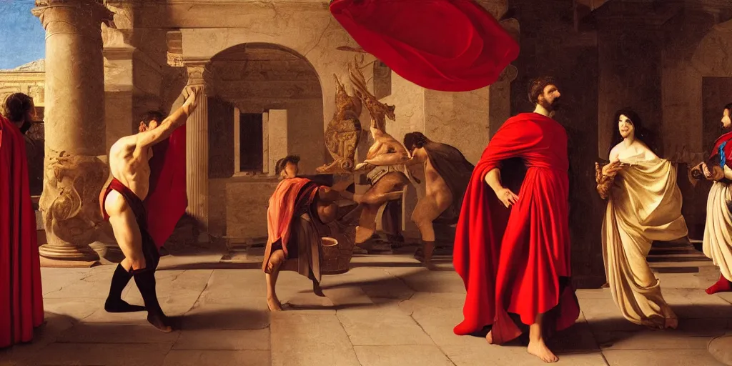 Prompt: beautiful oil matte portrait painting, men dressed in red capes and golden ornaments arguing inside a roman temple, wonderful masterpiece highly detailed, beautiful cinematic light deep focus, elegant, digital painting, smooth, sharp focus, golden ratio, dramatic illumination, ultra realistic, 8 k, art by artemisia lomi gentileschi and caravaggio