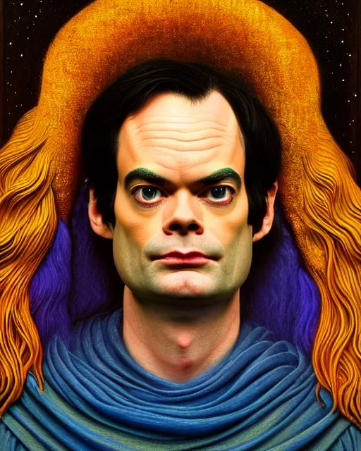 Prompt: portrait of bill hader, unusual beauty, etheric, outworldly colours, emotionally evoking symbolic metaphors, head in focus, fantasy, ornamental, intricate, elegant, highly detailed painting style photo, artstation, concept art, painterly, golden ratio, sharp focus, illustration, art by john william godward and leonora carrington,