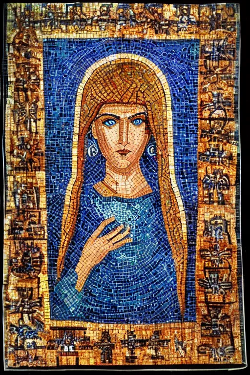 Image similar to Byzantine cyberpunk goddess, symmetrical, mosaic, felt