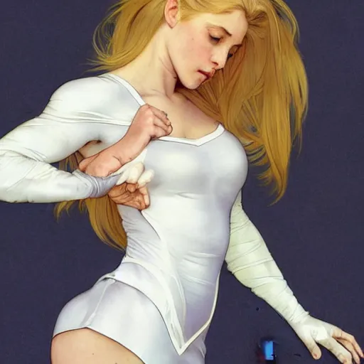 Prompt: a beautiful portrait of a beautiful cute young superhero girl, shoulder - length blonde hair, tight solid matte navy blue lycra bodysuit, white cape, buff, body, muscular, intricate, elegant, 8 k, highly detailed, digital painting, concept art, smooth, sharp focus, illustration, by artgerm greg rutkowski alphonse mucha loish wlop