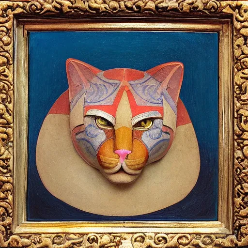 Prompt: sacred ancient polychrome cat head sculpture, by annie swynnerton and diego rivera and nicholas roerich and jean delville, symbolist, dramatic lighting, god rays, elaborate geometric ornament, art brut, rich colors, smooth sharp focus, extremely detailed, adolf wolfli