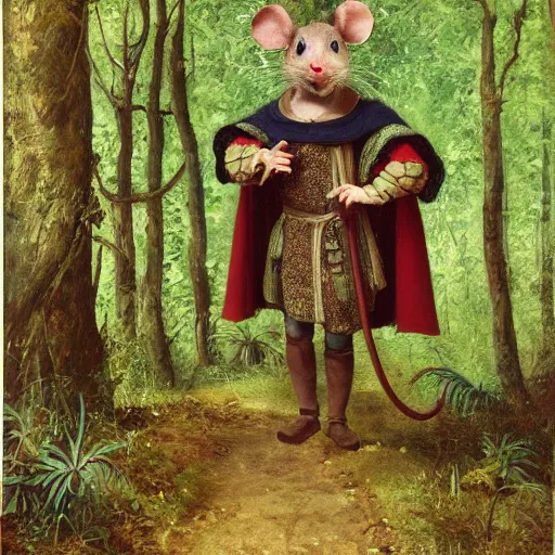 Prompt: an adventurous anthropomorphic mouse wearing medieval clothing walking through a lush forest, vasnetsov, 4k resolution