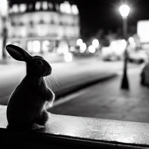 Image similar to a rabbit sitting outside a cafe in paris at night, the eiffel tower is visible in the background, black and white photograph