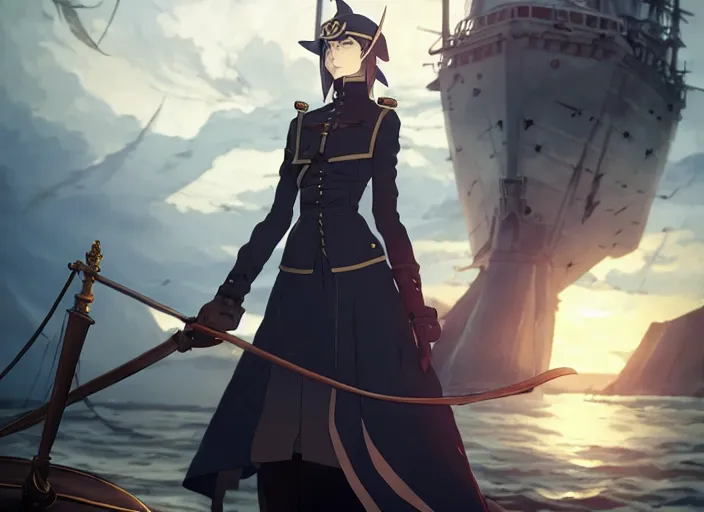 Prompt: lady maria, helm of second world war warship in background, illustration concept art anime key visual trending pixiv fanbox by wlop and greg rutkowski and makoto shinkai and studio ghibli and kyoto animation, astral witch clothes, steampunk, realistic anatomy, cute face, navy anchor, grimdark, volumetric lighting