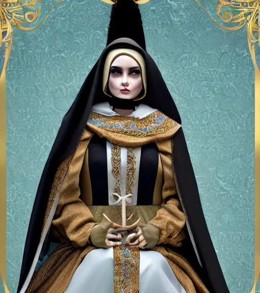 Image similar to beautiful female character inspired by venice carnival, christmas and nun | | digital artwork made by greg rutswork, anna dittmann, rosdraws and lois van barlee, symmetrical, anatomically correct, sitting on throne