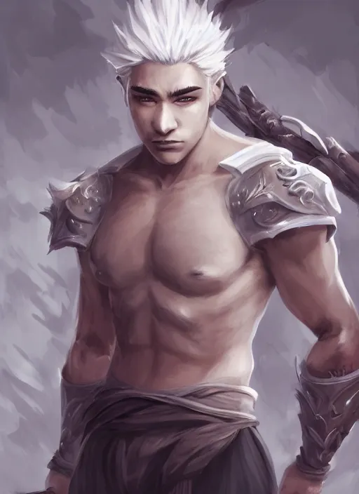 Prompt: a highly detailed illustration of fierce short white haired parted through the middle young attractive asian man, wearing hakama, with black sclera eyes, heroically battle posing, muscular, intricate, elegant, highly detailed, centered, digital painting, artstation, concept art, smooth, sharp focus, league of legends concept art, WLOP