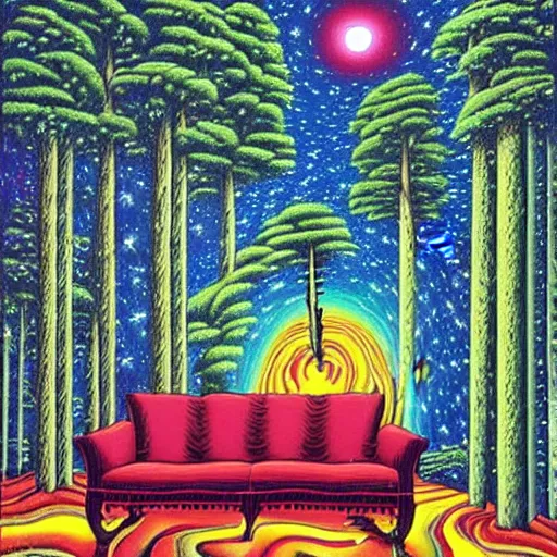 Image similar to psychedelic trippy couch pine forest, planets, milky way, sofa, cartoon by rob gonsalves