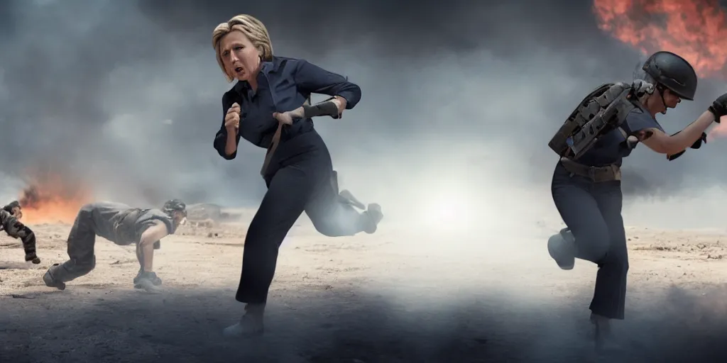 Image similar to movie still of hilary clinton fighting in libya, octane render