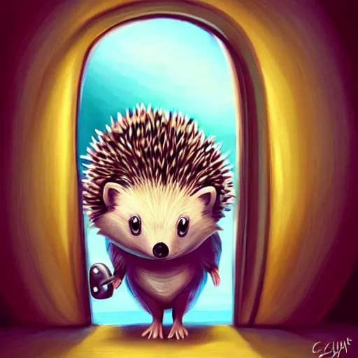 Image similar to cute adorable hedgehog opening the door, waving, smiling, cute, hedgehog, by cyril rolando
