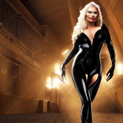 Image similar to a younger myanna buringas cat woman unzipping her jumpsuit, 8 k resolution hyperdetailed photo realistic, extremely high quality and life like