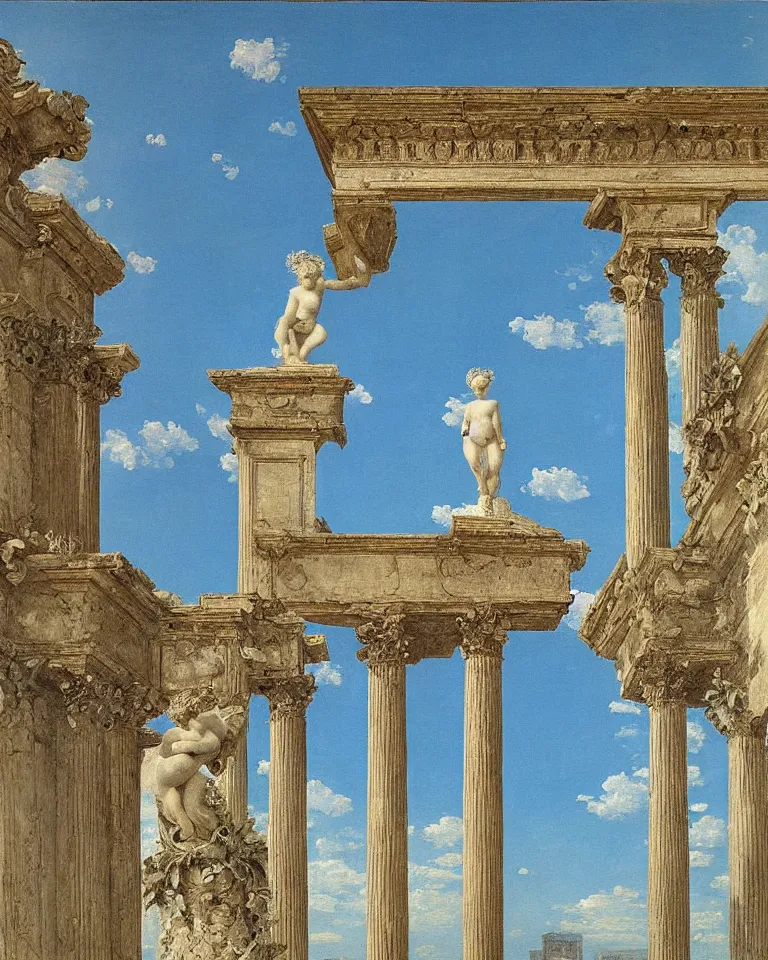 Image similar to achingly beautiful painting of intricate ancient roman ionic capital on a baby blue background by rene magritte, monet, and turner. giovanni battista piranesi.