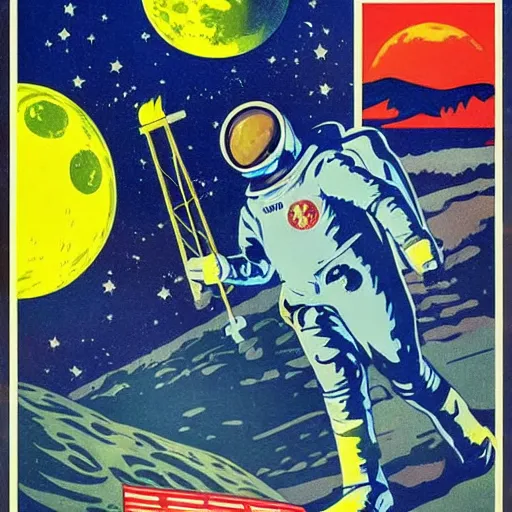 Prompt: Soviet space propaganda poster about planting large marijuana fields on the moon