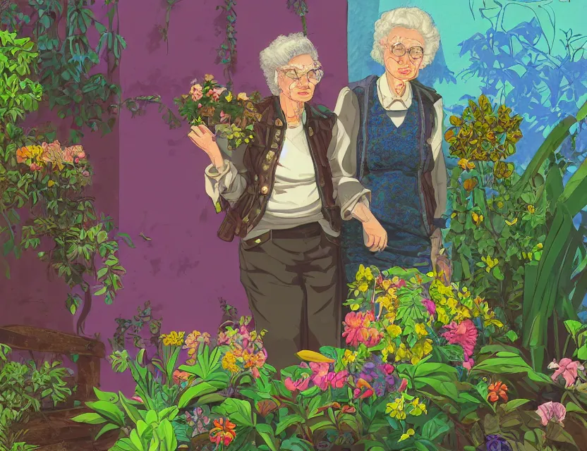 Prompt: elderly lesbian couple in steampunk vaporwave courtyard garden. complementary colors, gouache, indie concept art, bloom, chiaroscuro, backlighting, intricate details.