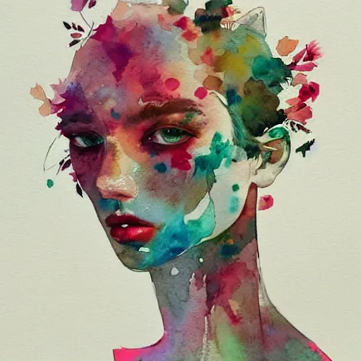 Image similar to watercolor painting by conrad roset, flowers growing out, cgsociety, artstation