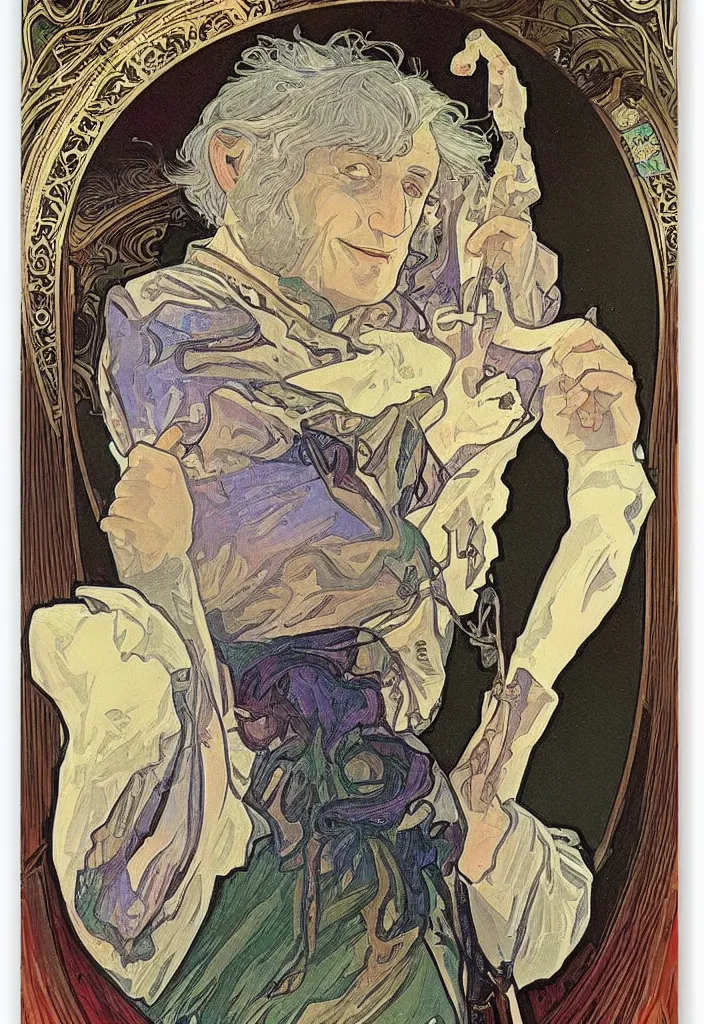 Image similar to realistic white - haired geoffrey hinton on a tarot card, tarot in art style by alphonse mucha