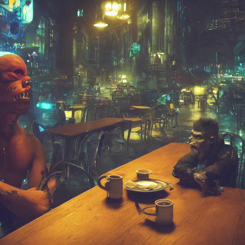 Prompt: a bored male goblin punk sitting alone at a table in a cafe in a cyberpunk city, close up shot, sharp focus, shallow depth of field, highly detailed face, 8k, unreal engine 5, cinematic lighting, vivid elegant fantasy concept art, character art, stern blue neon atmosphere, artstation, deep complimentary colors, volumetric lighting, photorealistic, hyperdetailed 3D matte painting, hyperrealism, hyperrealistic masterpiece