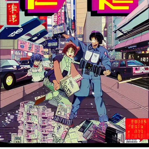 Prompt: 1997 Magazine Cover, Anime Neo-tokyo bank robbers fleeing the scene with bags of money, Police Shootout, Highly Detailed, 8k :4 by Katsuhiro Otomo : 8